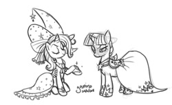 Size: 1298x788 | Tagged: safe, artist:yamino, character:trixie, character:twilight sparkle, character:twilight sparkle (unicorn), species:pony, species:unicorn, ship:twixie, clothing, dress, female, gala dress, grayscale, hat, lesbian, mare, monochrome, shipping, shipping denied, simple background