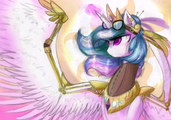 Size: 6874x4816 | Tagged: safe, artist:alicjaspring, character:princess celestia, species:alicorn, species:pony, absurd resolution, alternate hairstyle, amputee, artificial wings, augmented, female, glowing horn, goggles, magic, mare, mechanical wing, piercing, prosthetic limb, prosthetic wing, prosthetics, solo, spread wings, steampunk, wings