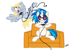 Size: 1500x1000 | Tagged: safe, artist:serenamidori, character:derpy hooves, character:dj pon-3, character:vinyl scratch, species:pegasus, species:pony, controller, female, mare, video game
