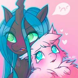 Size: 1000x1000 | Tagged: safe, artist:mimtii, character:queen chrysalis, oc, oc:fluffle puff, species:changeling, species:pony, ship:chrysipuff, blushing, canon x oc, changeling queen, eye clipping through hair, fangs, female, fluffy, heart, heart eyes, lesbian, mare, shipping, tsundalis, tsundere, wingding eyes