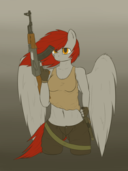 Size: 3000x4000 | Tagged: safe, artist:thermalcake, oc, oc only, oc:thermal cake, species:anthro, species:pegasus, species:pony, ak-47, badass, belly button, clothing, gun, knife, midriff, rifle, shorts, standing, tank top, trigger discipline