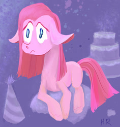Size: 2216x2344 | Tagged: safe, artist:hereticalrants, character:pinkamena diane pie, character:pinkie pie, species:earth pony, species:pony, clothing, female, floppy ears, hat, party hat, prone, sad, solo, style emulation