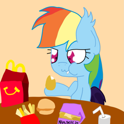 Size: 999x999 | Tagged: safe, artist:mmdfantage, character:rainbow dash, species:bat pony, species:pony, :3, cute little fangs, fangs, food, french fries, happy meal, mcdonald's, ponies eating meat, rainbowbat