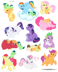 Size: 1242x1544 | Tagged: safe, artist:arcticwaters, character:apple bloom, character:applejack, character:big mcintosh, character:fluttershy, character:pinkie pie, character:pound cake, character:pumpkin cake, character:rainbow dash, character:rarity, character:scootaloo, character:spike, character:sweetie belle, character:twilight sparkle, oc, species:dragon, species:earth pony, species:pegasus, species:pony, species:unicorn, ship:appledash, ship:flutterpie, ship:rarilight, colt, female, filly, foal, lesbian, magical lesbian spawn, male, mare, offspring, older, shipping, stallion
