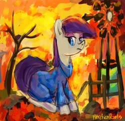 Size: 2880x2784 | Tagged: safe, artist:hereticalrants, character:maud pie, autumn, clothing, female, rock farm, sitting, solo