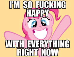 Size: 800x616 | Tagged: safe, artist:haloreplicas, character:pinkie pie, hug, i found pills and ate them, image macro, irrational exuberance, meme, reaction image, smiling, so fucking happy, vulgar
