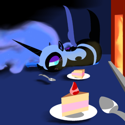 Size: 1000x1000 | Tagged: safe, artist:jun, character:nightmare moon, character:princess luna, blushing, cake, female, fireplace, offscreen character, pixiv, pov, solo, spoon