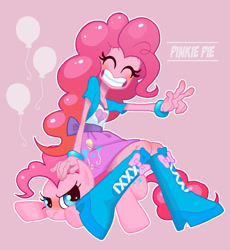Size: 1403x1526 | Tagged: safe, artist:ahiru_7, character:pinkie pie, species:pony, my little pony:equestria girls, annoyed, blushing, boots, bracelet, cleavage, clothing, cute, cutie mark background, duo, eyes closed, female, high heel boots, human ponidox, jewelry, peace sign, pink background, pixiv, ponidox, shoes, simple background, sitting, sitting on pony, skirt, smiling, square crossover