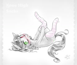 Size: 1060x899 | Tagged: safe, artist:reavz, oc, oc only, oc:blazing saddles, species:pony, ask blazing saddles, blushing, clothing, dressing, heterochromia, looking at you, on back, open mouth, socks, stockings, struggling, thigh highs