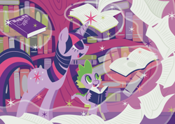 Size: 842x595 | Tagged: safe, artist:yousukou, character:spike, character:twilight sparkle, character:twilight sparkle (unicorn), species:dragon, species:pony, species:unicorn, book, duo, featured on derpibooru, female, glowing horn, levitation, magic, male, mare, open mouth, pages, pixiv, smiling, telekinesis