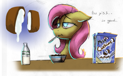 Size: 1624x1010 | Tagged: safe, artist:duh-veed, character:fluttershy, aw yiss, cereal, eating, enjoying, female, lidded eyes, solo