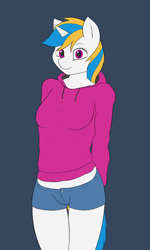 Size: 3000x5000 | Tagged: safe, artist:thermalcake, oc, oc only, species:anthro, species:pony, species:unicorn, belly button, clothing, commission, cute, daisy dukes, female, hands behind back, hoodie, midriff, shorts, solo, standing