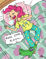 Size: 1041x1347 | Tagged: safe, artist:megasweet, artist:smile, character:gummy, character:pinkie pie, bed, clothing, drool, feet, humanized, pajamas, sleeping, snot bubble, younger, zzz