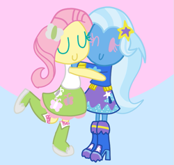 Size: 649x616 | Tagged: safe, artist:mmdfantage, character:fluttershy, character:trixie, ship:trixieshy, my little pony:equestria girls, female, hug, lesbian, shipping