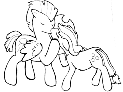 Size: 2592x1944 | Tagged: safe, artist:phonicb∞m, character:applejack, character:thunderlane, species:earth pony, species:pegasus, species:pony, fanfic:the weight of responsibility, crack shipping, fanfic, fanfic art, female, kissing, male, mare, monochrome, shipping, stallion, thunderjack