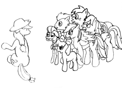 Size: 2592x1944 | Tagged: safe, artist:phonicb∞m, character:apple bloom, character:applejack, character:big mcintosh, character:braeburn, character:granny smith, character:rainbow dash, character:soarin', species:earth pony, species:pony, calm wind, fanfic, male, monochrome, stallion
