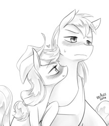 Size: 800x926 | Tagged: safe, artist:reavz, character:applejack, character:big mcintosh, species:earth pony, species:pony, ship:applemac, blushing, grayscale, incest, male, monochrome, one sided shipping, shipping, smiling, stallion, straight, sweat, sweatdrop