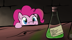 Size: 1318x735 | Tagged: safe, artist:qsteel, character:pinkie pie, species:earth pony, species:pony, erlenmeyer flask, female, filly, flask, forever, peeking, potion, smiling, solo, that explains everything, younger