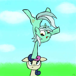 Size: 2300x2300 | Tagged: safe, artist:wonder-waffle, character:bon bon, character:lyra heartstrings, character:sweetie drops, backbend, bon bon is not amused, duo, high res, standing, standing on one leg, tongue out, unamused