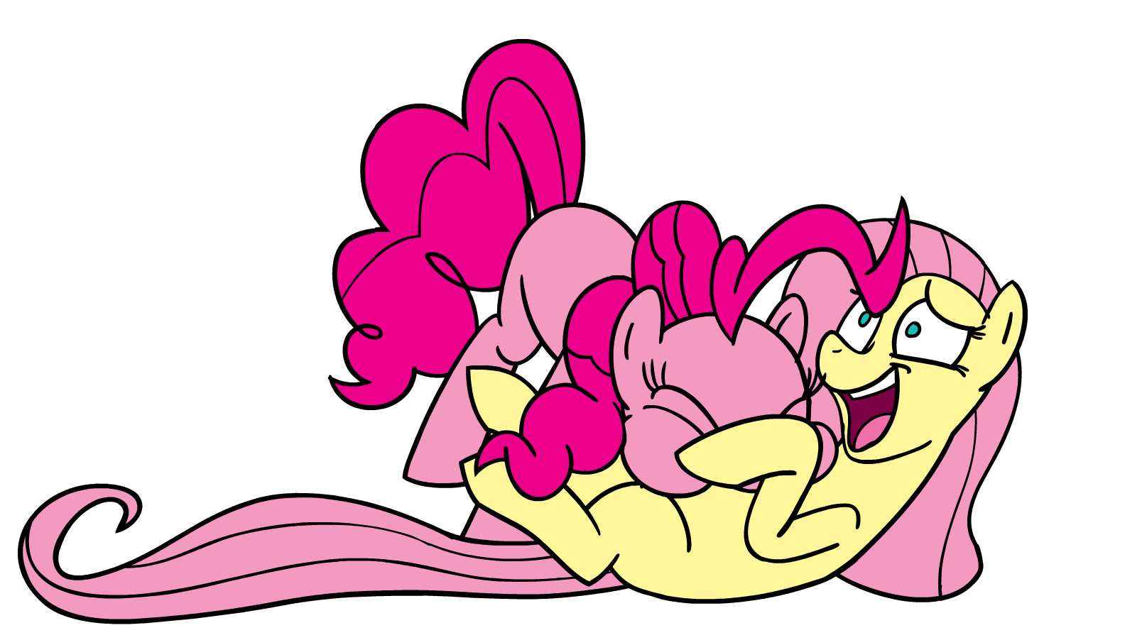 Size: 1615x902 | Tagged: safe, artist:thex-plotion, edit, character:fluttershy, character:pinkie pie, species:earth pony, species:pony, animated, blank flank, cute, dawwww, diapinkes, endless loop, eyes closed, female, flailing, hnnng, hoofy-kicks, i dont even, loop, mare, on back, open mouth, pinkie being pinkie, puffy cheeks, raspberry, shyabetes, simple background, smiling, tickling, tongue out, tummy buzz, underhoof, vibrating, weapons-grade cute, white background, wide eyes, wingless