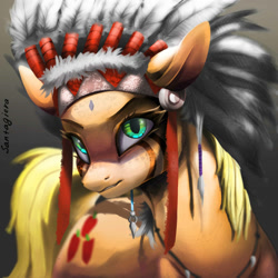Size: 2000x2000 | Tagged: safe, artist:santagiera, character:applejack, species:earth pony, species:pony, badass, face paint, female, headdress, indian, mare, native american, solo, squawjack, tribal, war paint
