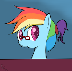 Size: 2035x2028 | Tagged: safe, artist:peperoger, character:rainbow dash, alternate hairstyle, bust, cute, dashabetes, egghead, female, glasses, high res, ponytail, portrait, rainbow dork, solo