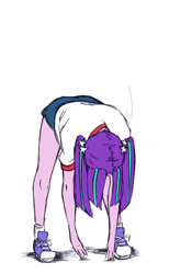 Size: 1282x1835 | Tagged: safe, artist:aisureimi, character:aria blaze, my little pony:equestria girls, clothing, gym, gym uniform, shoes, sneakers, sports shorts, stretching
