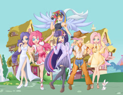 Size: 1104x849 | Tagged: safe, artist:angriestangryartist, artist:t-babe, character:angel bunny, character:applejack, character:fluttershy, character:pinkie pie, character:rainbow dash, character:rarity, character:twilight sparkle, species:human, animal, anime, armpits, belt, bracelet, clothing, cowboy hat, dress, elements of harmony, fingerless gloves, floating, gloves, goggles, group, hat, high heels, humanized, looking at you, mane six, one eye closed, open mouth, pants, paper, ponyville, raised leg, ring, sandals, scarf, stetson, winged humanization, wink