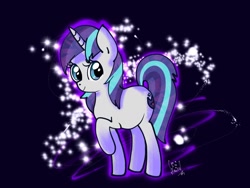 Size: 2048x1536 | Tagged: safe, artist:aimihanibal, character:shining armor, species:pony, species:unicorn, 30 minute art challenge, 30minhentai, blue background, female, gleaming shield, mare, raised hoof, rule 63, simple background, smiling, solo, sparkles, transparent