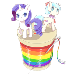 Size: 1000x1000 | Tagged: safe, artist:banzatou, character:coco pommel, character:rarity, species:earth pony, species:pony, species:unicorn, cocobetes, cute, female, looking at you, looking back, looking back at you, mare, rainbow thread, raised hoof, raribetes, simple background, smiling, transparent background