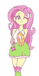 Size: 809x1585 | Tagged: safe, artist:ryou14, character:fluttershy, equestria girls:rainbow rocks, g4, my little pony: equestria girls, my little pony:equestria girls, blushing, boots, clothing, female, musical instrument, one eye closed, shoes, simple background, skirt, sleeveless, solo, stockings, tambourine, thigh highs, white background, wink
