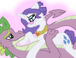 Size: 1584x1224 | Tagged: safe, artist:cat4lyst, artist:tomboyishcanid, character:rarity, character:spike, species:dragon, species:pony, species:unicorn, ship:sparity, eye contact, female, fire ruby, glasses, gradient background, interspecies, looking at each other, male, mare, older, shipping, straight