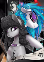 Size: 2480x3508 | Tagged: safe, artist:santagiera, character:dj pon-3, character:octavia melody, character:vinyl scratch, species:earth pony, species:pony, species:unicorn, bow, bow tie, duo, female, floppy ears, glasses, high res, indoors, looking back, mare, music notes, raised hoof, smiling, speakers, stage, stage light, sunglasses, turntable, wrong eye color