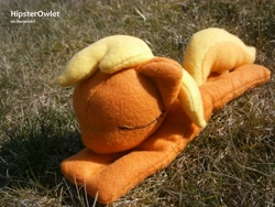 Size: 4288x3216 | Tagged: safe, artist:hipsterowlet, character:apple cobbler, apple family member, beanie (plushie), custom, grass, irl, lying down, not applejack, photo, plushie, solo