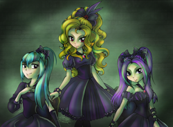 Size: 1024x748 | Tagged: safe, artist:midnameowfries, character:adagio dazzle, character:aria blaze, character:sonata dusk, species:human, clothing, dress, humanized, saloon dress, the dazzlings