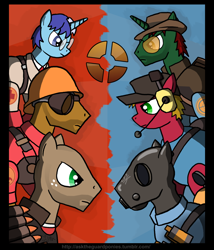Size: 1280x1493 | Tagged: safe, artist:asktheguardponies, species:earth pony, species:pony, species:unicorn, crossover, engineer, female, heavy weapons guy, looking at each other, male, mare, medic, ponified, pyro, scout, sniper, stallion, team fortress 2, tf2 logo