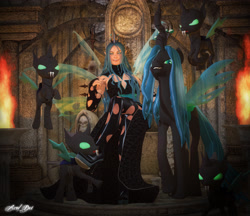 Size: 3900x3377 | Tagged: safe, artist:axel-doi, character:queen chrysalis, species:changeling, species:human, 3d, boots, elf ears, humanized, pose, throne, torch, winged humanization