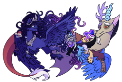 Size: 1258x855 | Tagged: dead source, safe, artist:kkitsu, character:discord, character:princess luna, oc, parent:discord, parent:princess luna, parents:lunacord, ship:lunacord, child, family, hybrid, interspecies offspring, offspring, shipping