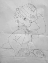 Size: 720x960 | Tagged: safe, artist:phonicb∞m, oc, oc only, oc:phonic boom, monochrome, music, musician, record, record player, traditional art, turntable