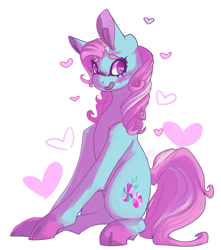 Size: 1280x1447 | Tagged: safe, artist:marshmellowcannibal, artist:voidsucre, character:minty, species:earth pony, species:pony, art trade, big ears, blushing, blushing profusely, cloven hooves, cutie mark, female, heart, heart eyes, looking sideways, mare, sidemouth, simple background, sitting, solo, white background, wingding eyes