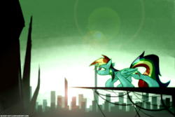 Size: 3000x2000 | Tagged: safe, artist:n_thing, character:rainbow dash, city, female, high res, lens flare, skyline, solo