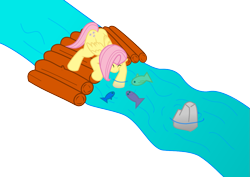 Size: 1169x827 | Tagged: safe, artist:phonicb∞m, artist:sketchy brush, character:fluttershy, species:pegasus, species:pony, animal magnetism, bridge, cute, dawwww, fish, river, rock, simple background, transparent background, vector, water