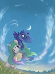 Size: 823x1100 | Tagged: safe, artist:onkelscrut, character:princess celestia, character:princess luna, species:alicorn, species:pony, amazed, crescent moon, duo, evening, female, filly, grass, moon, mountain, open mouth, outdoors, ponies riding ponies, pony hat, raised hoof, riding, royal sisters, s1 luna, siblings, sisters, sky, smiling, spread wings, steppe, vertigo, windswept mane, wings, woona