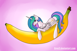 Size: 4504x2992 | Tagged: safe, artist:gree3, character:princess celestia, banana, female, gradient background, prone, solo, tongue out, wing fluff