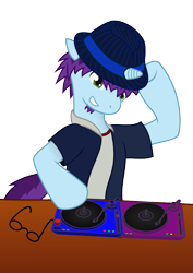 Size: 827x1169 | Tagged: safe, artist:phonicb∞m, artist:sketchy brush, oc, oc only, oc:phonic boom, blue fur, clothing, collaboration, dj pony, fedora, glasses, goatee, green eyes, hat, music, musician, purple mane, record, record player, simple background, transparent background, turntable, vector, vector trace