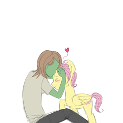 Size: 1698x1704 | Tagged: safe, artist:fiona, character:fluttershy, oc, oc:anon, oc:femanon, adorascotch, blushing, butterscotch, cute, forehead kiss, kissing, rule 63, rule63betes