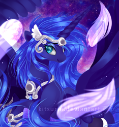 Size: 800x856 | Tagged: safe, artist:kkitsu, character:princess luna, species:alicorn, species:pony, feather, female, horn, jewelry, mare, smiling, solo, space, space background, wings