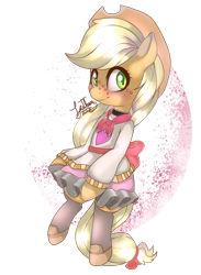 Size: 1024x1396 | Tagged: safe, artist:sofilut, character:applejack, blushing, clothing, female, semi-anthro, simple background, skirt, solo, transparent background