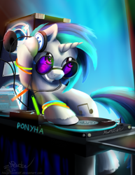 Size: 1280x1656 | Tagged: safe, artist:niegelvonwolf, character:dj pon-3, character:vinyl scratch, species:pony, species:unicorn, colored hooves, cutie mark, female, glowstick, headphones, hooves, horn, mare, mixing console, record, smiling, solo, sunglasses, teeth, text, turntable