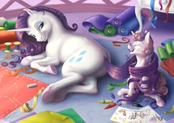 Size: 2631x1860 | Tagged: safe, artist:bluespaceling, artist:skybounddeos, character:rarity, character:sweetie belle, species:pony, species:unicorn, beautiful, best sisters, collaboration, crayon, cute, detailed, diasweetes, drawing, eyes closed, fabric, female, filly, fluffy, glasses, happy, lidded eyes, mare, on side, open mouth, playing, plot, raised hoof, raribetes, realistic, rearity, scissors, sisterly love, sisters, sitting, smiling, tail wrap, underhoof, weapons-grade cute